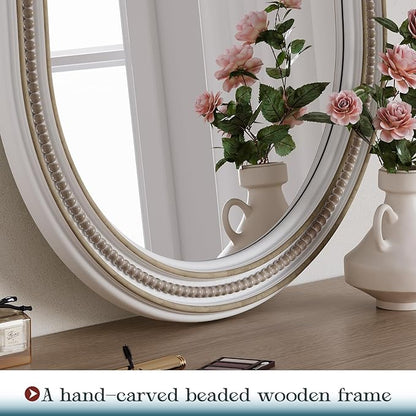 Farmhouse Boho Beaded Oval Arched Wall Mirror, 24" x 48" Rustic Wooden Large Wall Mirror for Bathroom, Bedroom, Entryway, Living Room, Hang Horizontally or Vertically.