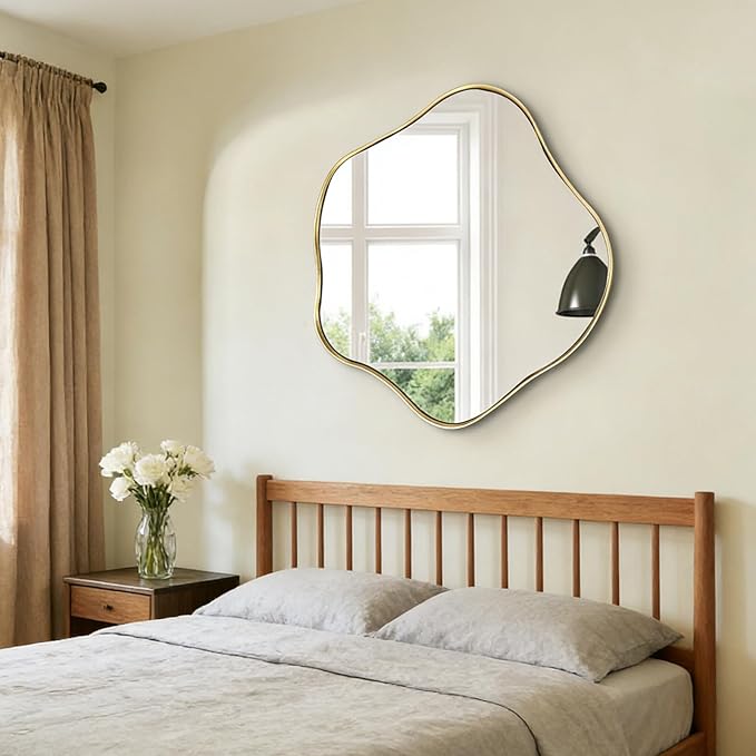 Gold Irregular Shaped Mirror, 35" Asymmetrical Mirrors for Wall, Large Scalloped Mirror Decorative, Modern Wavy Round Mirrors for Living Room Bathroom Bedroom Hallway Entryway Fireplace
