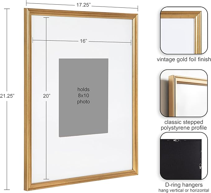 Kate and Laurel Adlynn Wall Picture Frame Set, 16" x 20" matted to 8" x 10", Gold, Set of 3