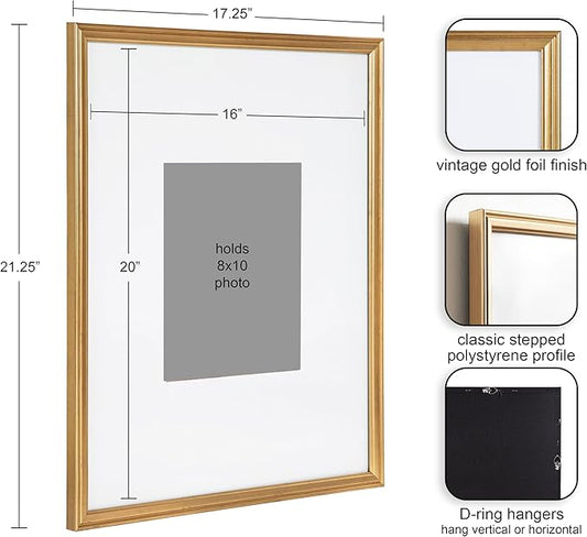 Kate and Laurel Adlynn Wall Picture Frame Set, 16" x 20" matted to 8" x 10", Gold, Set of 3