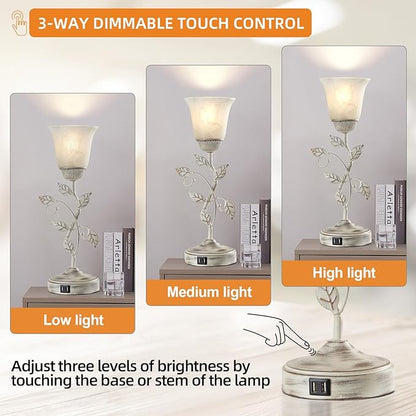 Rustic Touch Table Lamp for Bedroom, 3-Way Dimmable Nightstand Lamp with 2 USB Ports, Retro Vintage White Glass Shade Leaf Desk Lamp for Living Room Entryway, LED Bulb Included