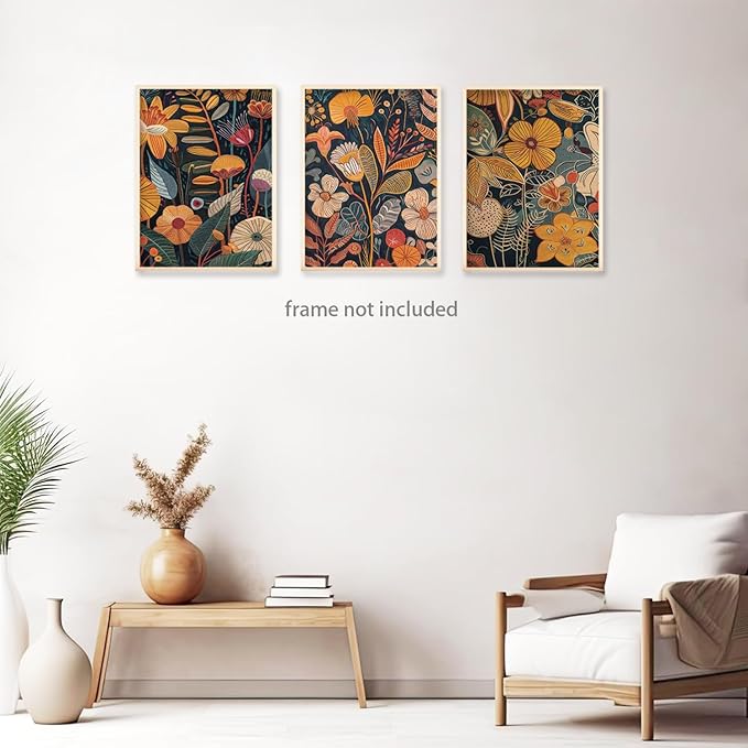 TBKHUDBI Burnt Orange Floral Canvas Wall Art,Mid Century Modern Wall Decor,Boho Terracotta Flower Picture Prints Poster Painting Artwork Set Of 3 For Living Room Bedroom Office 16x24 Unframed