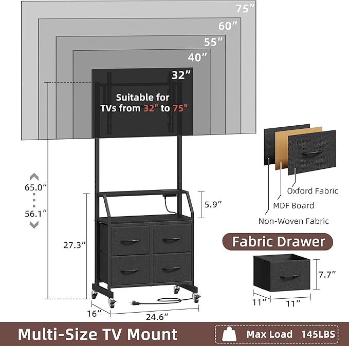 Rolling TV Stand with Mount & 4 Fabric Drawers - TV Stand with Wheels for 32-75" TV, Entertainment Center & Console Table for Living Room or Bedroom, Modern Television Stand with Storage, Black