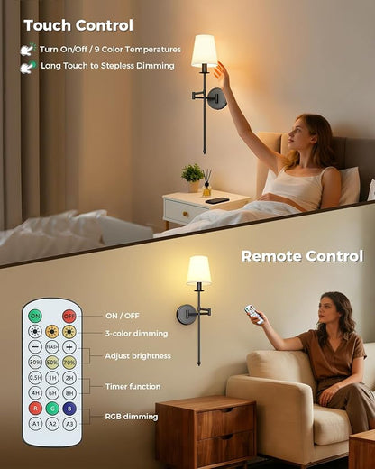 Joosenhouse Black Wireless Wall Sconces Set of 2, Battery Operated Wall Lights with Remote Control, 9 RGB Color Options, 24.8 inch Dimmable Wall Lights for Hallway, Bedroom, Living Room