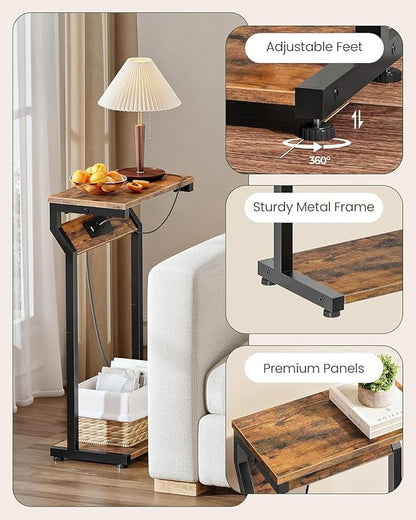 CHOEZON Narrow Side Table with Charging Station, 27" Skinny End Table for Small Spaces, Couch Table with Storage, Slim Tray Table with USB Ports, for Living Room, Bedroom, Rustic Brown TBZ27UBF