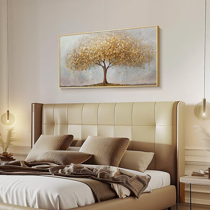Large Framed Tree of Life Gold Wall Art, Large Canvas Prints Paintings Artwork for Walls, Modern Luxury Golden Big Tree Pictures for Living Room Fireplace Bedroom Kitchen Dining Room Office Wall Decor