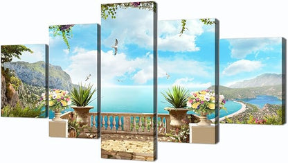 Yatsen Bridge Coastal Wall Art for Living Room 5 Piece Ocean Garden Decor Seascape Canvas Print Home Decoration Framed Ready to Hang(60''W x 32''H)