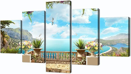 Yatsen Bridge Coastal Wall Art for Living Room 5 Piece Ocean Garden Decor Seascape Canvas Print Home Decoration Framed Ready to Hang(60''W x 32''H)