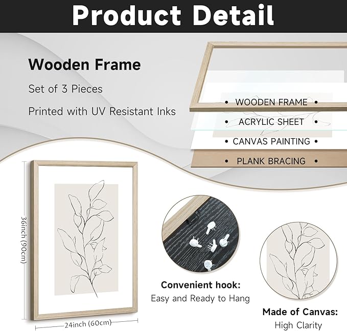 Neutral Botanical Prints Wall Art Decor Plant Minimalist Canvas Pictures Vintage Beige Wall Art Modern Farmhouse Line Poster Boho Abstract Painting Artwork for Bedroom 24x36 Inch Framed Set of 3