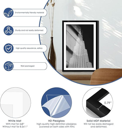 PEALSN 12x18 Picture Frame Set of 6, Display Pictures 11x17 with Mat or 12x18 without Mat for Wall Mounting Display, Poster Frames Collage for Wall Decor, Black.
