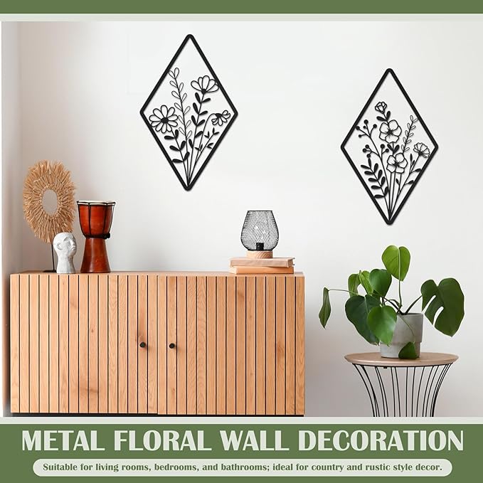 PullCrease 2 Pcs Metal Wall Art, Metal Flower Wall Decor, Modern Floral Art for Living Room, Bedroom, Bathroom, Rustic Farmhouse Decor, Sculpture Kitchen Decoration (Black)