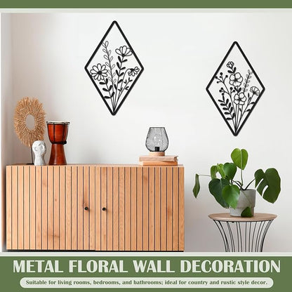 PullCrease 2 Pcs Metal Wall Art, Metal Flower Wall Decor, Modern Floral Art for Living Room, Bedroom, Bathroom, Rustic Farmhouse Decor, Sculpture Kitchen Decoration (Black)