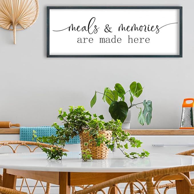 FZMHASLWW Meals and Memories Are Made Here Wall Decor Sign 32"x12" for Dining Room Kitchen Large Wooden Framed Hanging Art (Black)