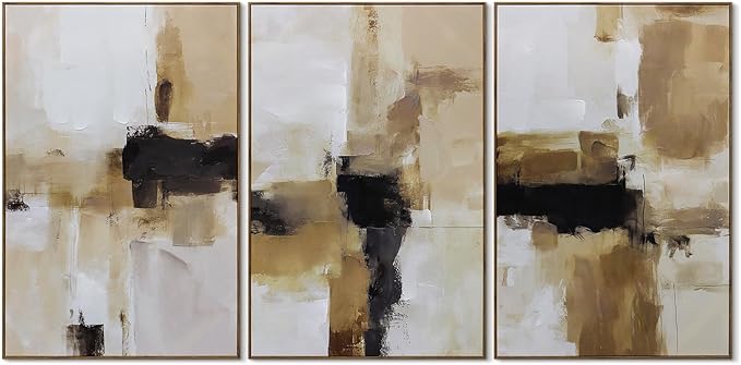 Large Neutral Abstract Textured Framed Canvas Wall Art Set, Minimalist Wall Decor Modern Art Prints, Black Brown Wall Painting Artwork for Living Room,Bedroom,Dining Room,Office, 24"x36"x3