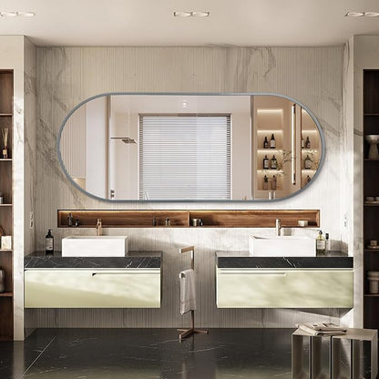 JJUUYOU Oval Full Length Bathroom Mirror 63"X32" Wall Mounted Vanity Metal Frame Mirror Aluminum Alloy Frame Mirrors for Bedroom Entryway Living Room,Grey