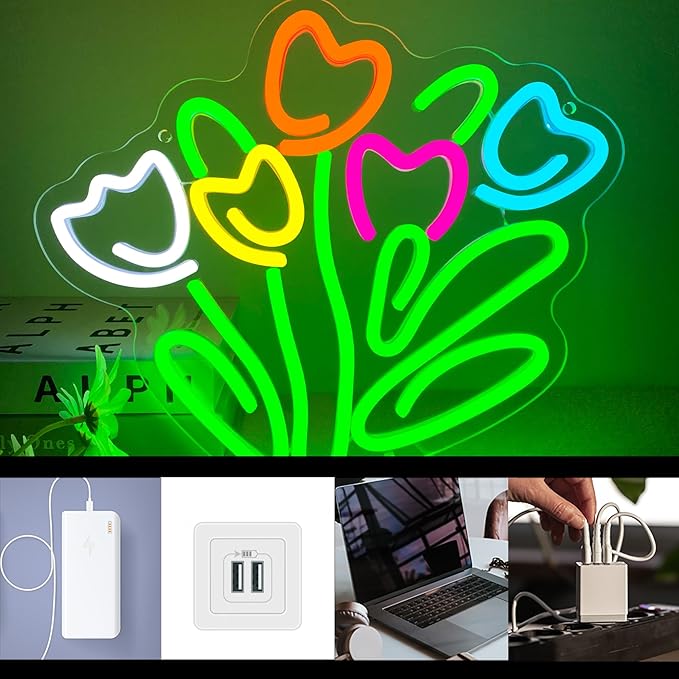 Dracey Tulip LED Neon Sign, Dimmable LED Tulip Flower Neon Light Signs, Florist Bunch Store Shop Bedroom Club Wall Decor, Gift for Mother's or Valentine's Day(13 * 11.4 in)