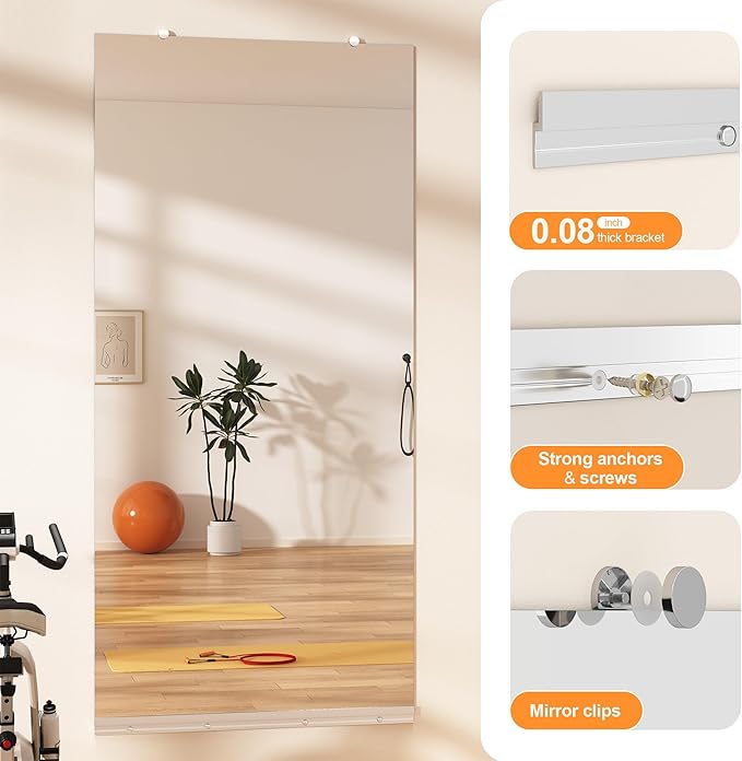 Hasipu Home Gym Mirror, 63"x28" Each, 2-Pack Frameless Wall Mounted Mirrors with Glass Clamps & 1 Aluminum Rail, Large Body Mirror for Home Gym, Yoga Studio, Bedroom, Silver Tempered Glass