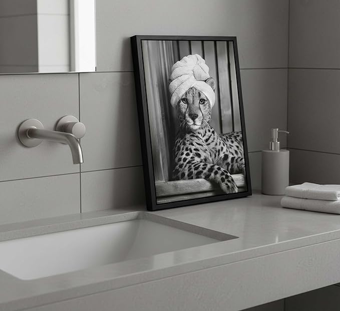 Framed Cheetah Bathroom Canvas Wall Art Trendy Black and White Leopard Painting Picture Wall Decor Poster Print Artwork for Bedroom Living Room Apartment Home Decoration