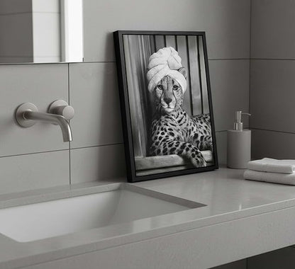 Framed Cheetah Bathroom Canvas Wall Art Trendy Black and White Leopard Painting Picture Wall Decor Poster Print Artwork for Bedroom Living Room Apartment Home Decoration