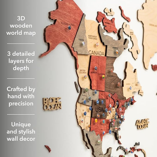 Enjoy The Wood 3D Wooden World Map Wall Art - Large Travel Map with Pins for Art Decor - Decorative Map of the World for Home, Office - Travel Wall Art Housewarming Gift Idea (Fusion, XL, Unframed)