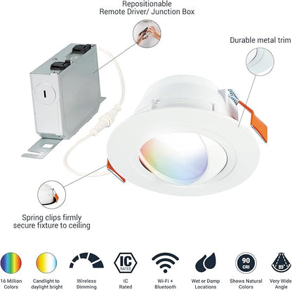 HALO 6 in Smart Wi-Fi Canless LED Recessed Downlight Connected by WiZ Pro with Adjustable Gimbal, Dimmable Full Color Changing, SpaceSense Motion Detection, Smart Home Compatible - RAWZC610