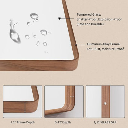 LOAAO 60X40 Inch Bathroom Mirror with Wood Grain Colored Metal Frame, Rounded Rectangle Metal Framed Bathroom Mirror, Anti-Rust, Hangs Horizontally or Vertically, Tempered Glass