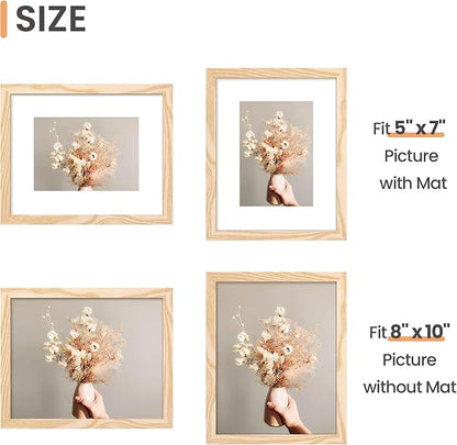 upsimples 8x10 Picture Frame Set of 10, Display Pictures 5x7 with Mat or 8x10 Without, Multi Photo Frames Collage for Wall or Tabletop Display, Natural