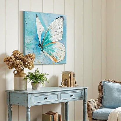 JUHOME Abstract Butterfly Wall Art – 24x24 In Original Hand-Painted Oil Painting, Blue and White Textured Canvas Wall Decor with Modern Floral Wing Details for Living Room Bedroom Office