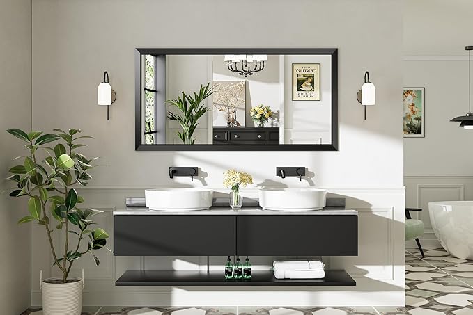 Briivue 60x30 Inch Black Bathroom Mirror for Wall, Thick Metal Framed Rectangle Mirrors for Over Sink, Bedroom, Living Room, Entryway, Anti-Rust, HD Tempered Glass