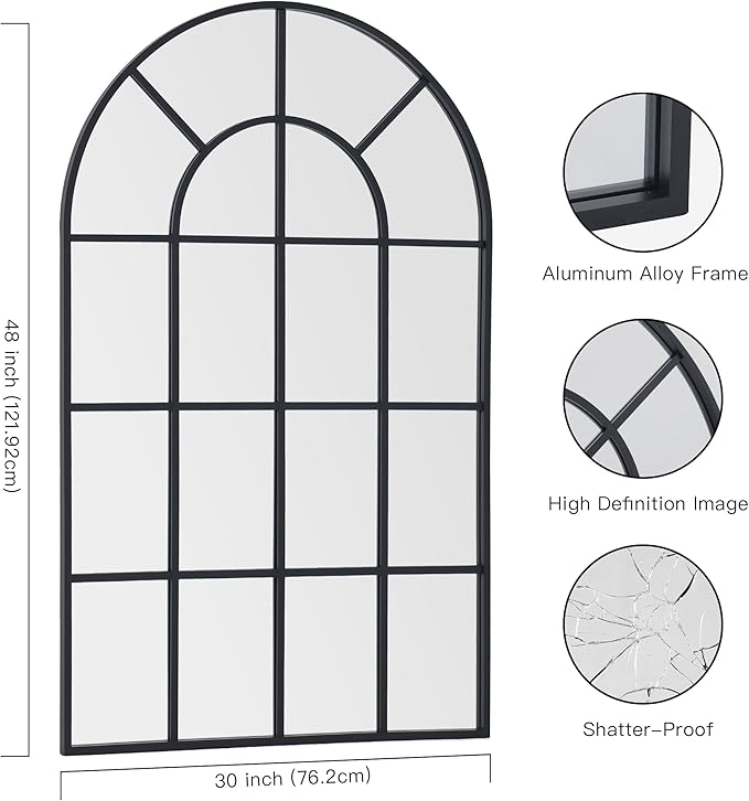 Arched Mirror, 30"x48" Arch Window Mirror, Black Frame Window Pane Mirror Wall Decor, Large Wall Mounted Mirror Decorative for Living Room Bedroom Entryway Hanging or Leaning Against Wall