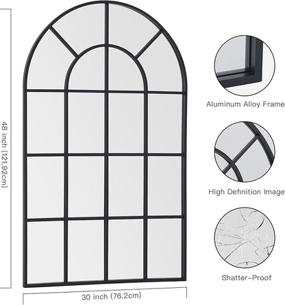 Arched Mirror, 30"x48" Arch Window Mirror, Black Frame Window Pane Mirror Wall Decor, Large Wall Mounted Mirror Decorative for Living Room Bedroom Entryway Hanging or Leaning Against Wall