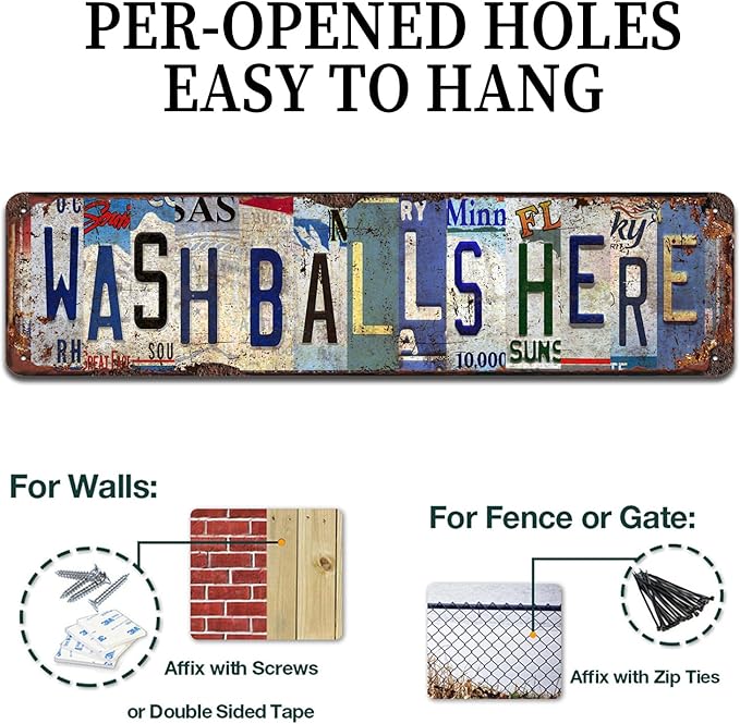 Vintage Golf Metal Sign 16x4 Inch - Rustic Wash Balls Here Tin Plaque for Man Cave and Clubhouse Decor - Indoor/Outdoor Wall Art with Retro Golf Design