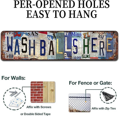 Vintage Golf Metal Sign 16x4 Inch - Rustic Wash Balls Here Tin Plaque for Man Cave and Clubhouse Decor - Indoor/Outdoor Wall Art with Retro Golf Design