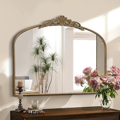 Micasso Vintage Gold Arched Mirror: 36"x29" French Baroque Antique Wall Mounted Mirror - Traditional Ornate Decorative for Wall/Fireplace/Entryway/Bathroom/Hallway - Home Decor for Living Room