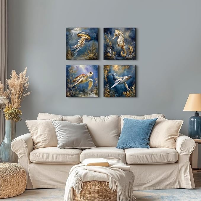 Ocean Animals Wall Art Sea Turtle Whale Seahorse Jellyfish Pictures Beach Coastal Room Decor Nautical Paintings Canvas Prints for Bathroom Under Sea World Posters Artwork Decoration 12x12” 4Pcs