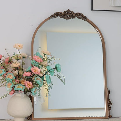 32''x24'' Antique Gold Arched Wall Mirror with Metal Flower Carving Frame, Small Vintage Retro Baroque Mirror Ornate, Vanity Mirror for Bathroom, Fireplace,Entryway, Living Room
