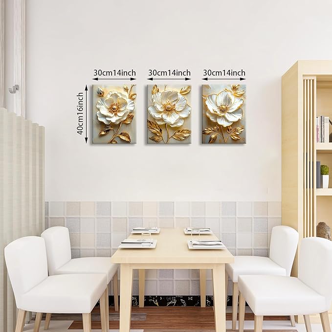 WENGTIAO Modern White Floral Golden Leaves Canvas Wall Art Set, Neutral 3d Flowers Wall Painting Pictures Boho Beige Blossom Wall Decor Posters Print Artwork for Bedroom Living Room Office 12x16x3Pcs