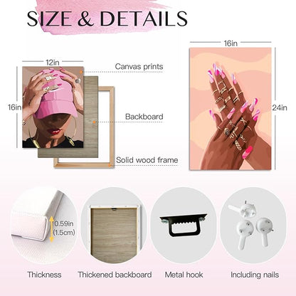 Hianan Fashion Black Girl Canvas Wall Art Modern Trendy African American Black Woman Poster Prints Pink Abstract Black Girl Aesthetic Pictures for Living Room Framed Ready to Hang 16"x24"x3