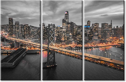 TUMOVO 3 Piece American Cityscape Wall Art for Living Room Cityscape View of San Francisco and the Bay Bridge at Night California Wall Decor for Bedroom Framed Ready to Hang (60" Wx40 H)