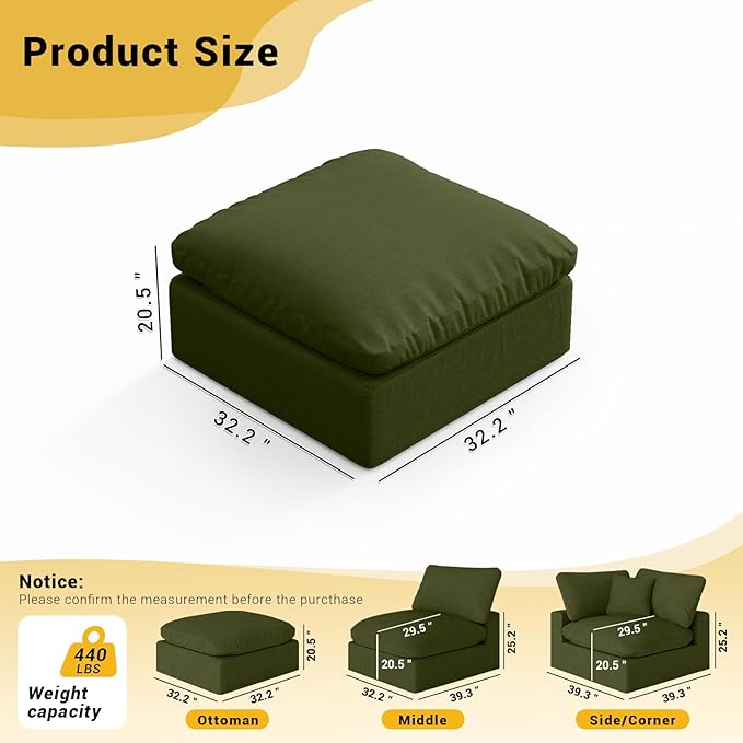 Ottoman,Down Filled Comfort Footrest,Modular Sectional Cloud Sofa for Living Room,Removable Washable Cushion Covers Couch for Apartment,Green