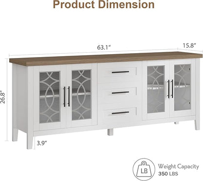 GarveeHome Farmhouse TV Stand with Glass Door for 70 Inch Tv, Mid Century Modern Entertainment Center for Living Room, Rustic Television Stands 2 Storage Door & 3 Drawer for Bedroom (Farmhouse White)