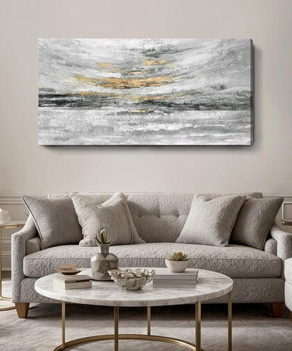 Nicetop Large 48x24 Inch Black White Gold Abstract Canvas Wall Art, Modern Coastal Ocean Art, Minimalist Wall Decor Ready to Hang for Living Room Bedroom Bathroom Office