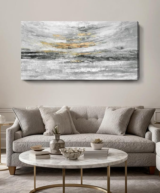 Nicetop Large 48x24 Inch Black White Gold Abstract Canvas Wall Art, Modern Coastal Ocean Art, Minimalist Wall Decor Ready to Hang for Living Room Bedroom Bathroom Office