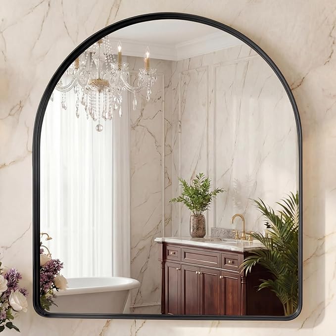 OLIXIS Arched Bathroom Mirror for Over Sink, 34x32 Inch Wall Mirror Arched Rounded Rectangle, Modern Wall Mount Vanity Mirror with Matte Metal Deep Framed, for Home Decor, Living Room, Black
