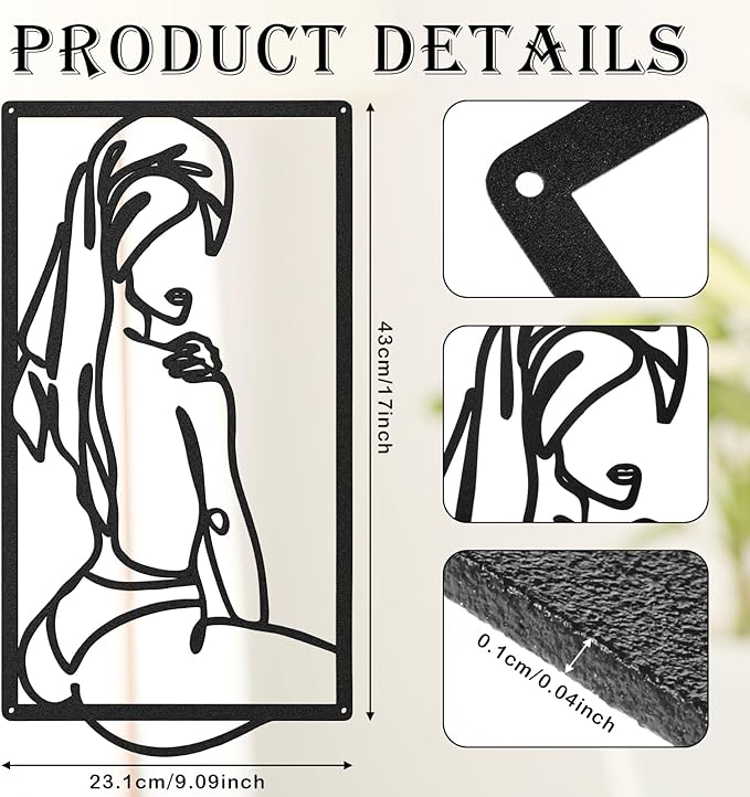 Peryiter 3 Pcs Modern Minimalist Wall Decor Abstract Metal Wall Art Metal Line Art Woman Body Artwork for Bedroom Bathroom Living Room(Black)
