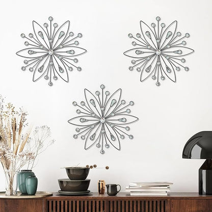 ZEXUIRU 3 Pack Black Sunburst Wall Decor – Metal Crystal Wall Art with Sparkling Rhinestones, 14’’/18 Inch Starburst Wall Hanging Set for Living Room Bedroom Bathroom – Modern Bling Home Decorations