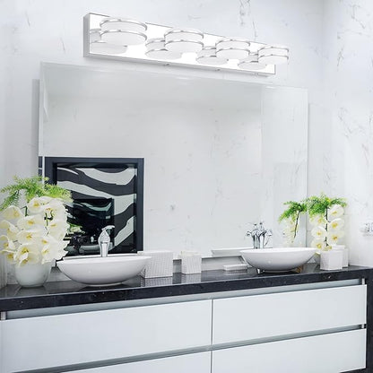 GOODATE 3 Color Temperature Dimmable Vanity Lights for Bathroom, LED Chrome 4 Light Vanity Lighting Fixtures, Acrylic Stainless Steel Oval Shade Bathroom Light Fixtures Over Mirror, ETL Certificated