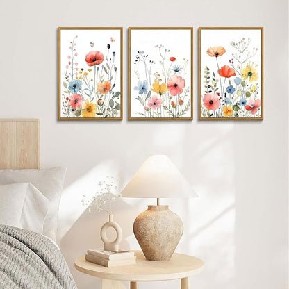 KISSFOX Colorful Wildflower Canvas Wall Art Set Of 3 Flowers Pictures Prints Flowers Printing Floral Watercolors Flower wall Decor Living Room Girls Bedroom Bathroom (White, 12"x16" Natural Framed, Framed)
