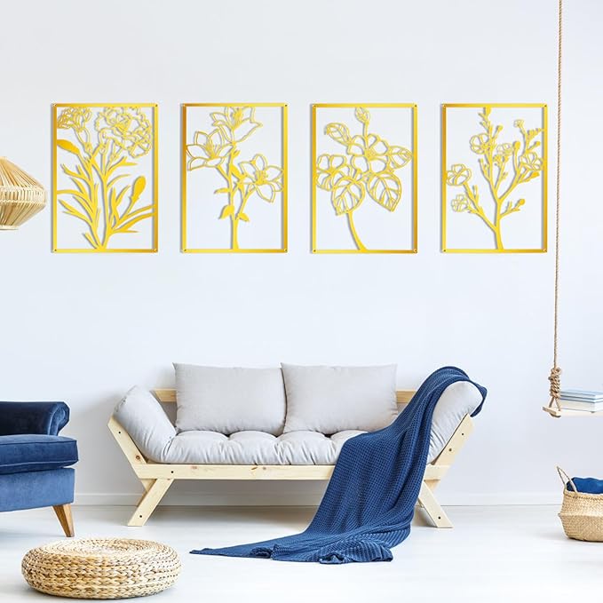 ZNZAPO 4 Pcs Large Gold Metal Flower Wall Art, Abstract Line Art Wall Decor, Minimalist Floral Wall Hanging Art, 3d Wall Art Sculptures Decor for Living Room Bedroom Bathroom (15.7 × 22.5”)