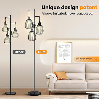 Dimmable Floor Lamp,3x800LM LED Bulbs Included, Farmhouse Industrial Floor Lamp Standing Tree Lamp with Teardrop Cage Head Tall Lamp for Living Room Bedroom Office Dining Room - Black & Marble Base